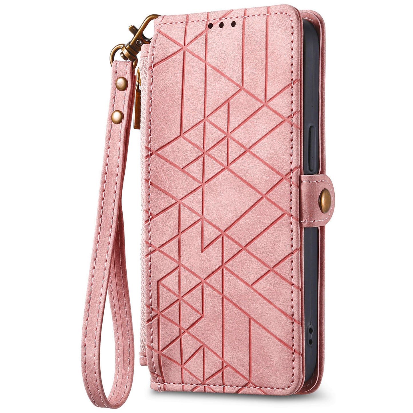 For Samsung Galaxy A06 Case Zipper Wallet Geometry Lines Leather Phone Cover - Pink
