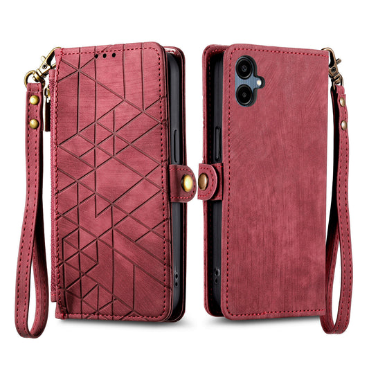 For Samsung Galaxy A06 Case Zipper Wallet Geometry Lines Leather Phone Cover - Red