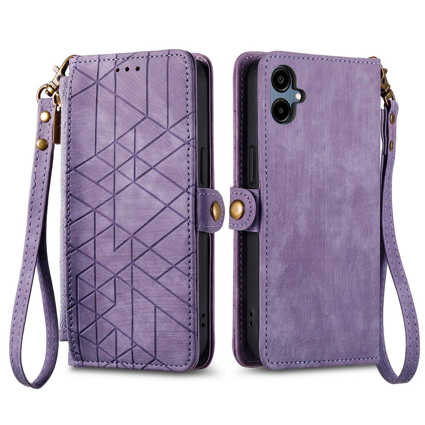 For Samsung Galaxy A06 Case Zipper Wallet Geometry Lines Leather Phone Cover - Light Purple