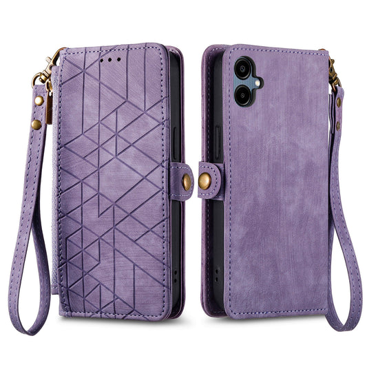 For Samsung Galaxy A06 Case Zipper Wallet Geometry Lines Leather Phone Cover - Light Purple