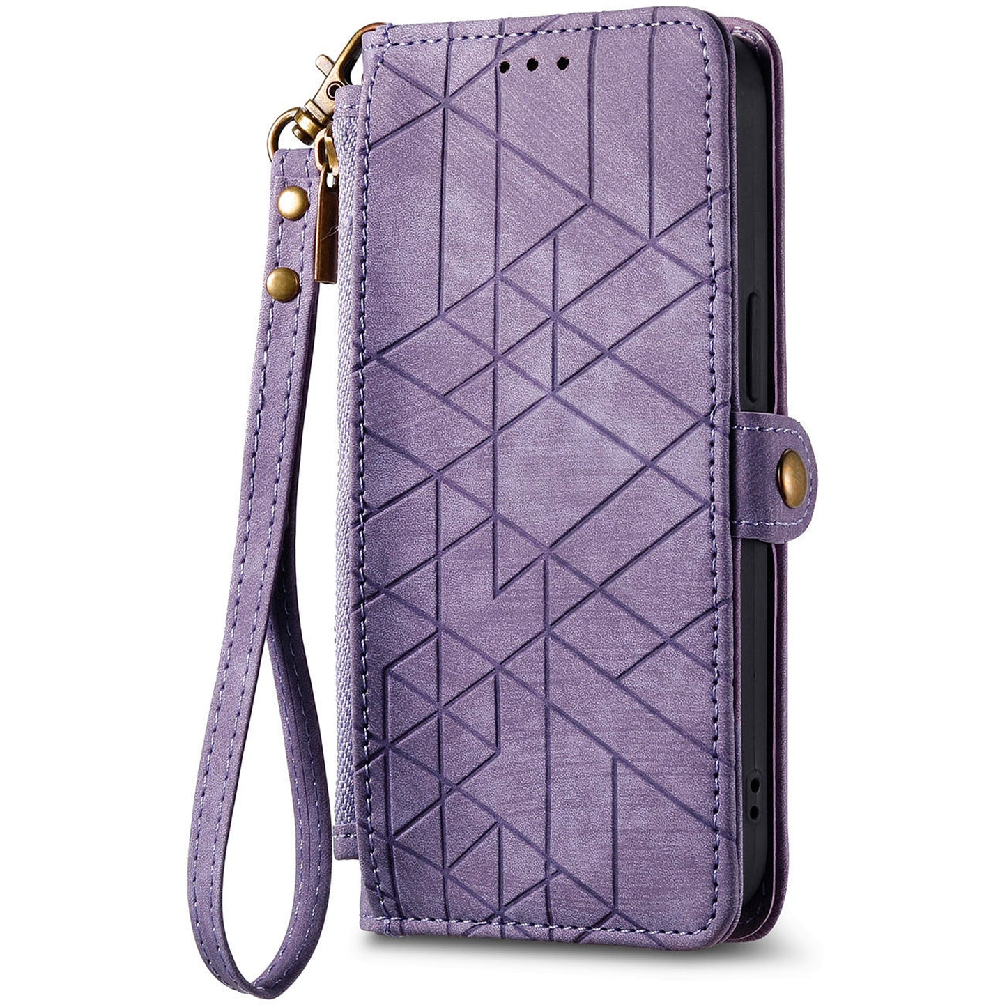 For Samsung Galaxy A06 Case Zipper Wallet Geometry Lines Leather Phone Cover - Light Purple