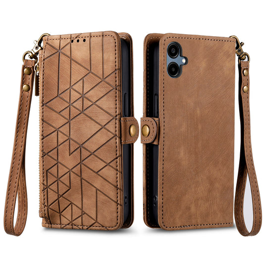 For Samsung Galaxy A06 Case Zipper Wallet Geometry Lines Leather Phone Cover - Brown