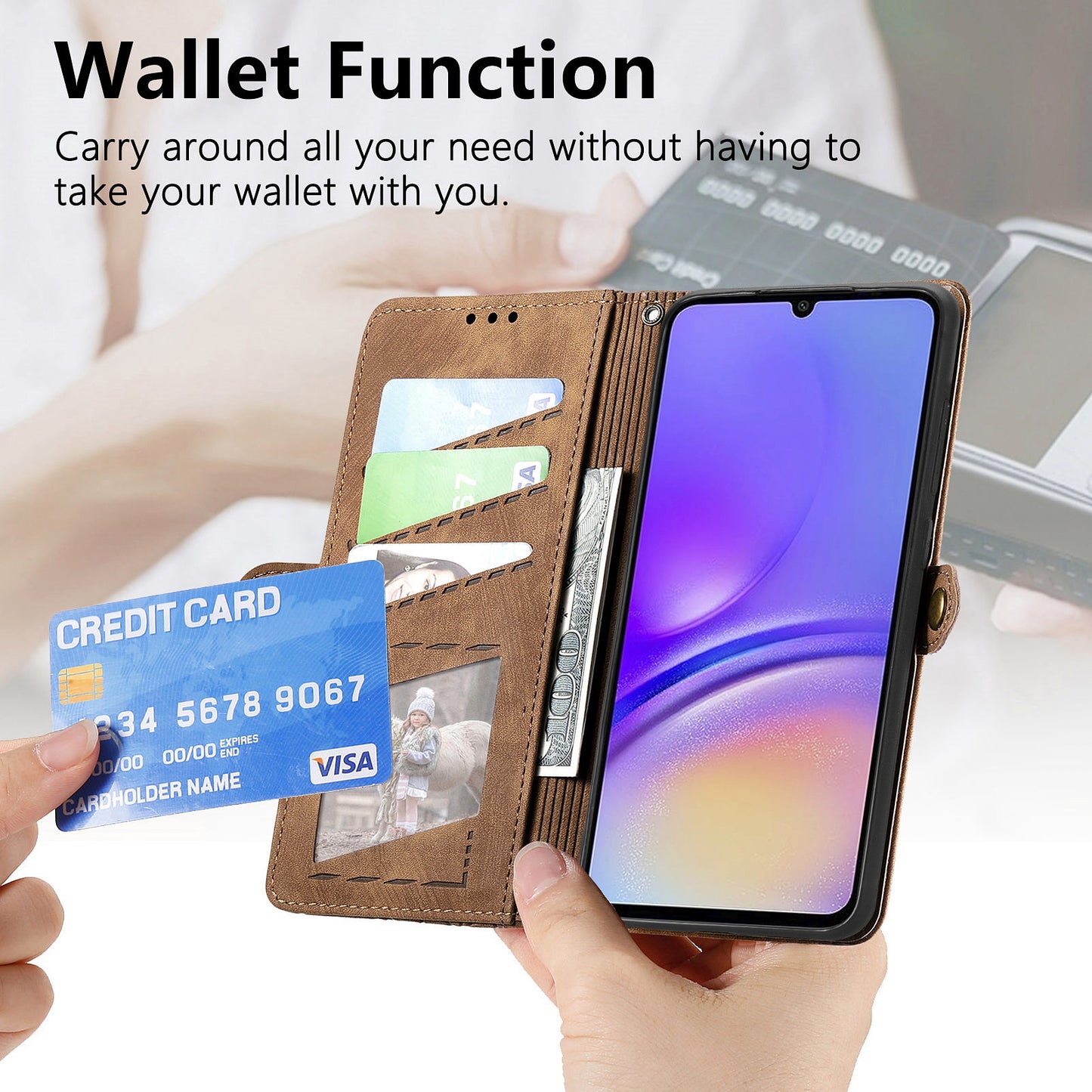 For Samsung Galaxy A06 Case Zipper Wallet Geometry Lines Leather Phone Cover - Brown