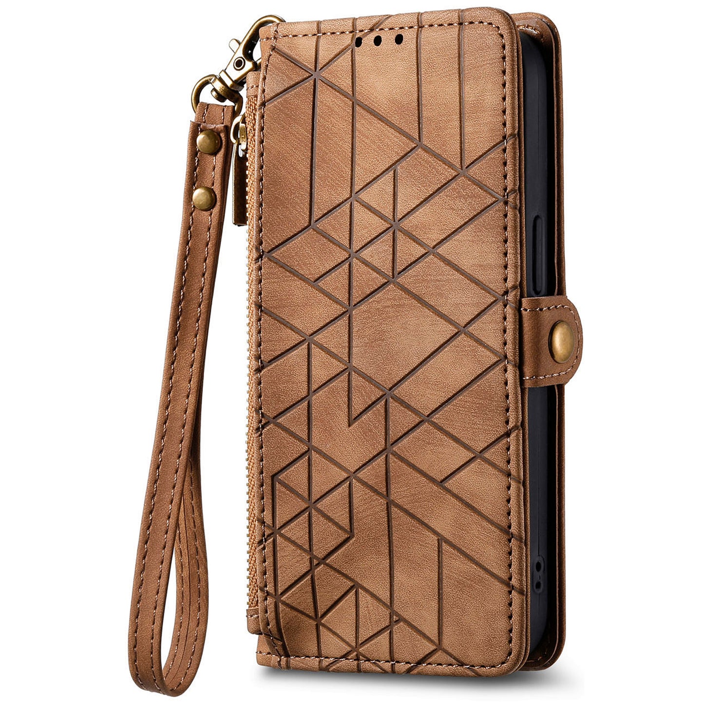 For Samsung Galaxy A06 Case Zipper Wallet Geometry Lines Leather Phone Cover - Brown
