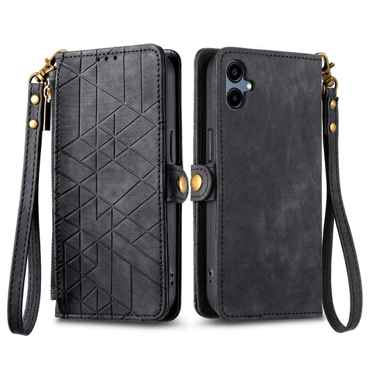 For Samsung Galaxy A06 Case Zipper Wallet Geometry Lines Leather Phone Cover - Black