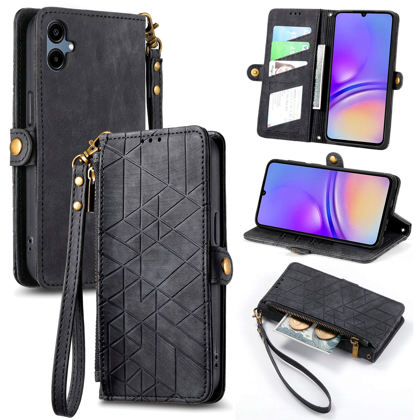 For Samsung Galaxy A06 Case Zipper Wallet Geometry Lines Leather Phone Cover - Black