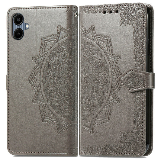 For Samsung Galaxy A06 Case Mandala Embossed Design Leather Wallet Phone Cover - Grey