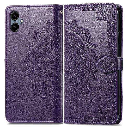 For Samsung Galaxy A06 Case Mandala Embossed Design Leather Wallet Phone Cover - Purple