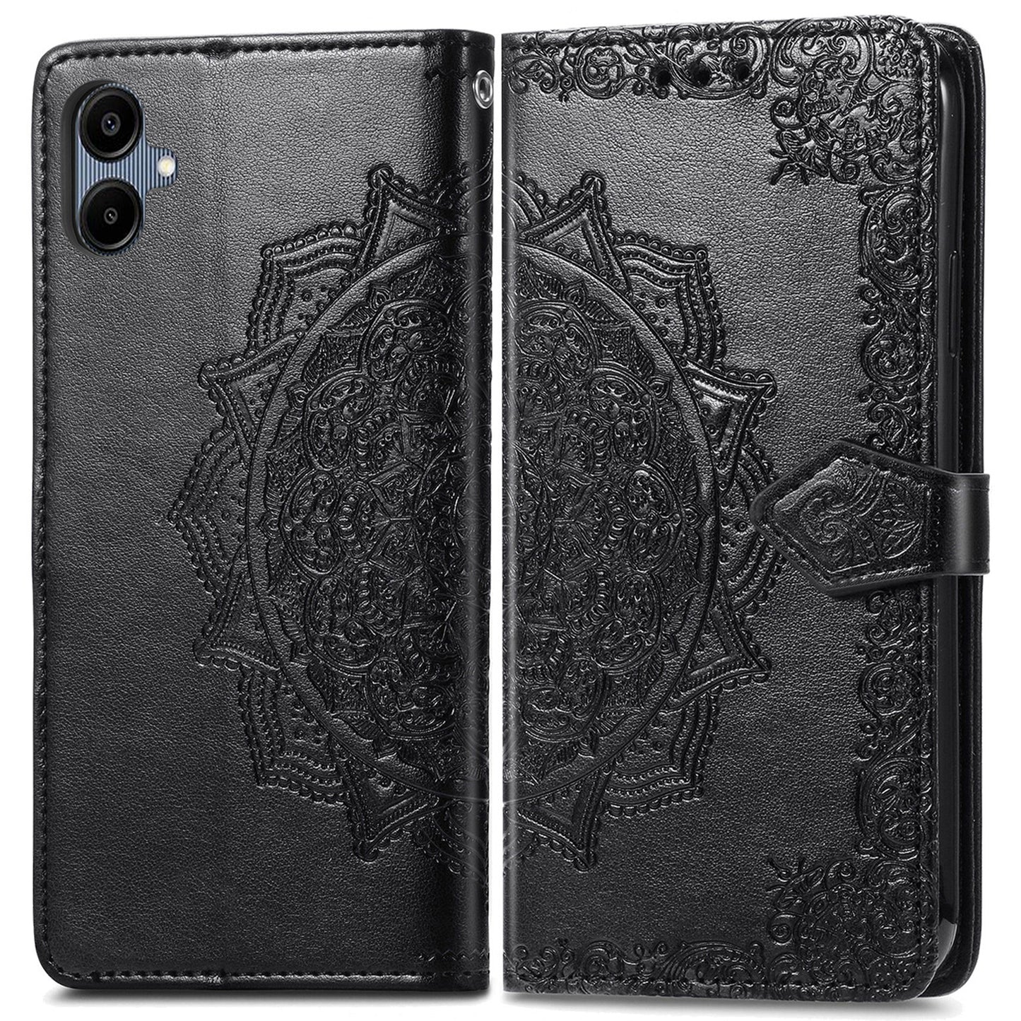 For Samsung Galaxy A06 Case Mandala Embossed Design Leather Wallet Phone Cover - Black