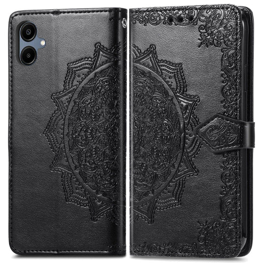 For Samsung Galaxy A06 Case Mandala Embossed Design Leather Wallet Phone Cover - Black