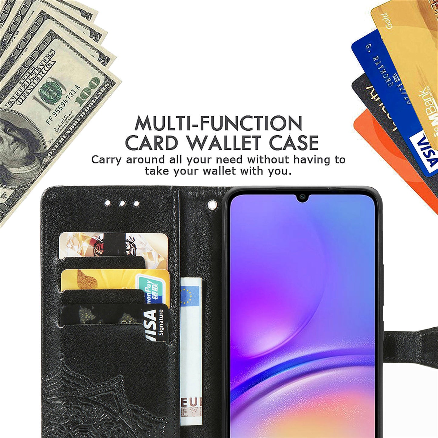For Samsung Galaxy A06 Case Mandala Embossed Design Leather Wallet Phone Cover - Black