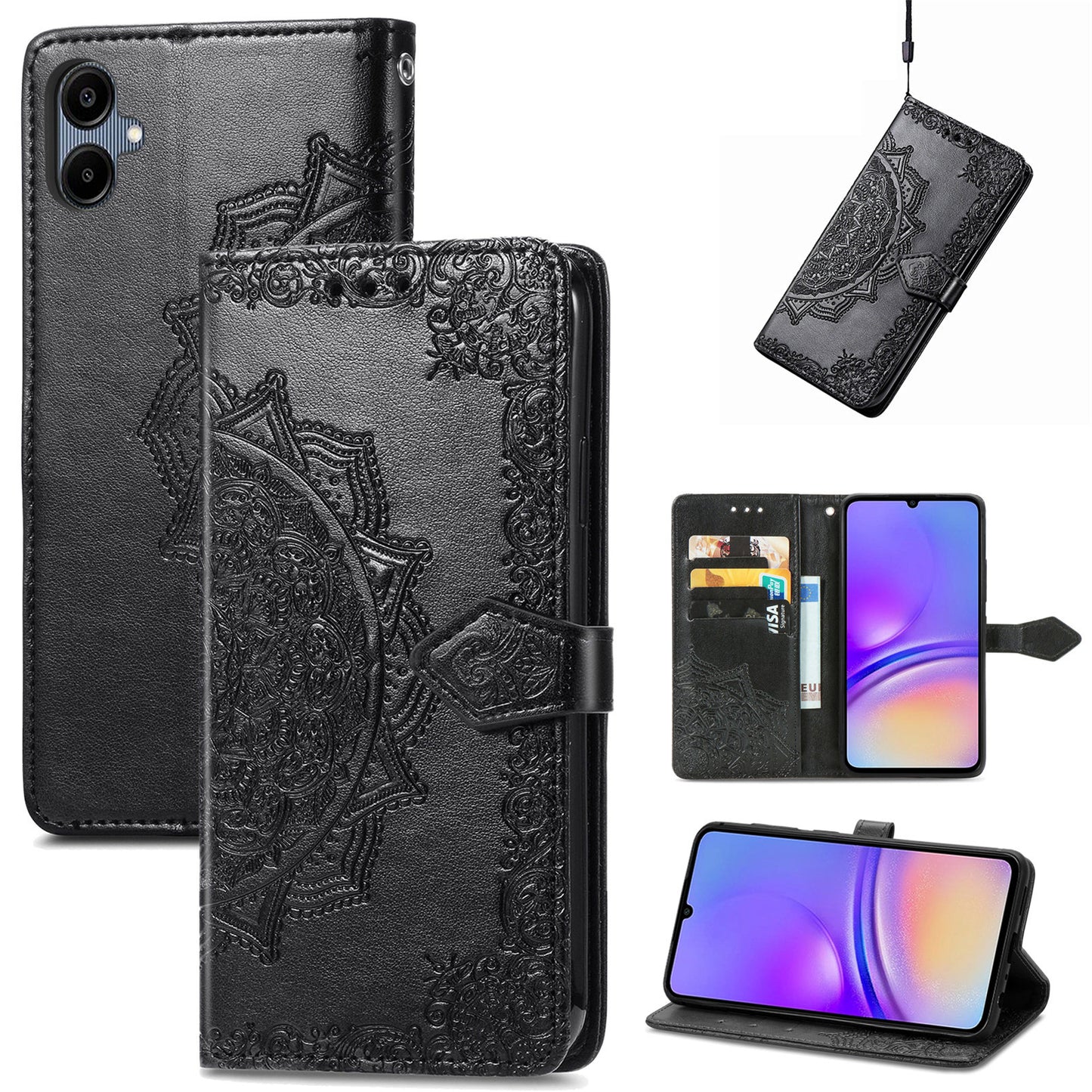 For Samsung Galaxy A06 Case Mandala Embossed Design Leather Wallet Phone Cover - Black
