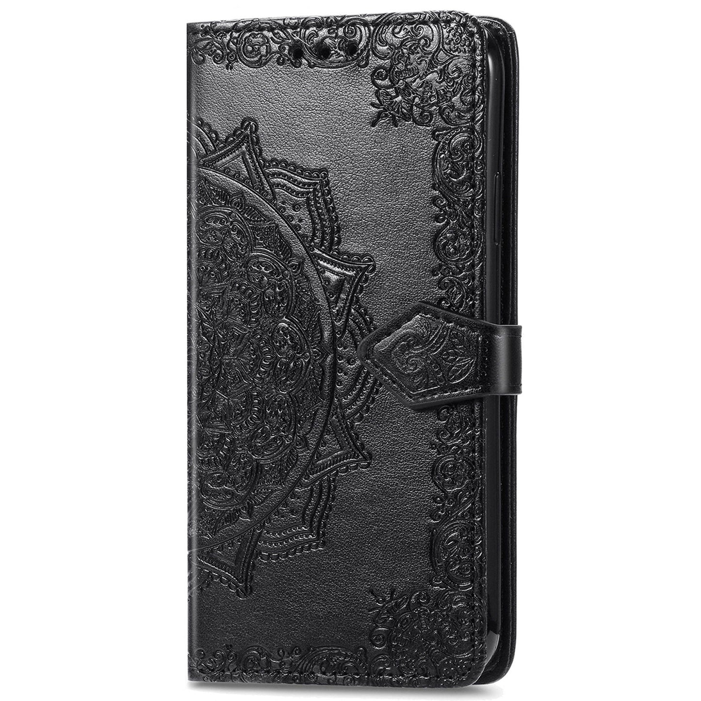 For Samsung Galaxy A06 Case Mandala Embossed Design Leather Wallet Phone Cover - Black