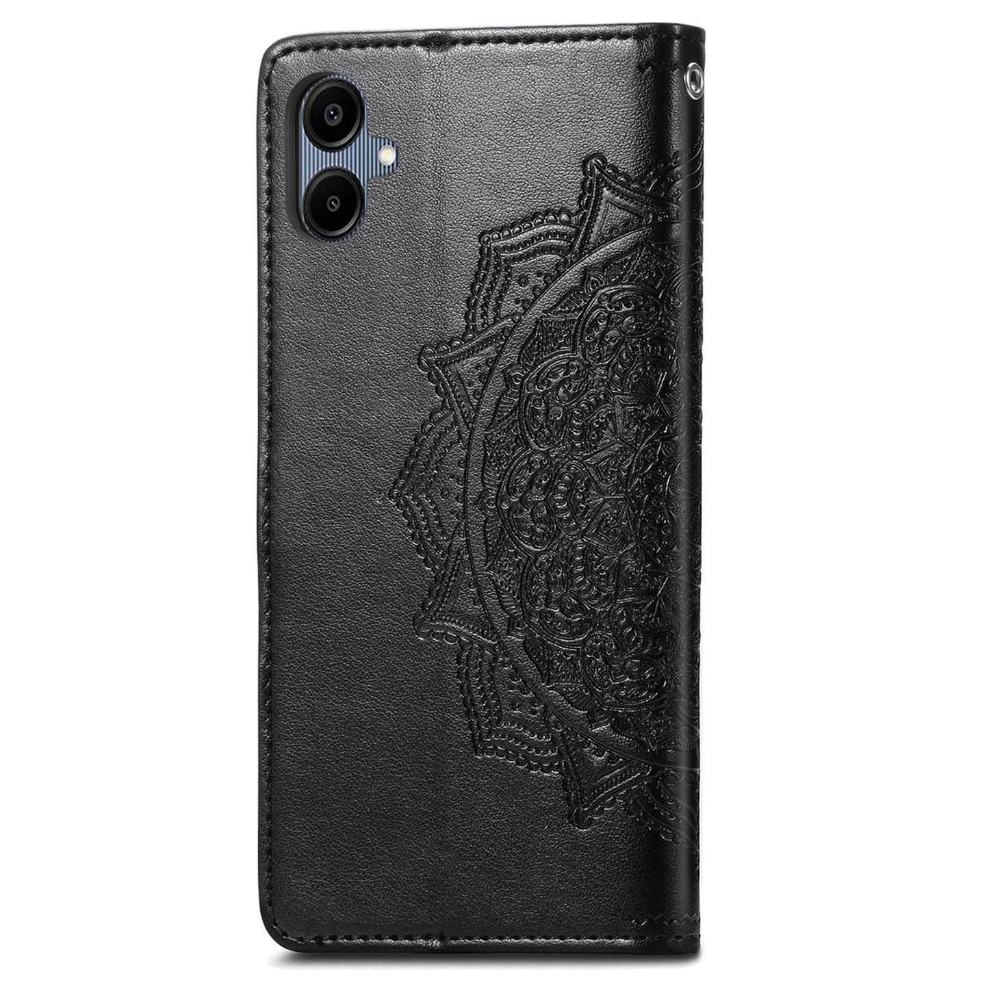 For Samsung Galaxy A06 Case Mandala Embossed Design Leather Wallet Phone Cover - Black