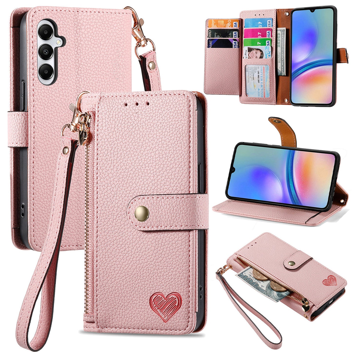 For Samsung Galaxy A06 Case RFID Blocking Zipper Pocket Leather Wallet Phone Cover - Pink