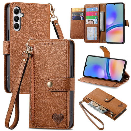 For Samsung Galaxy A06 Case RFID Blocking Zipper Pocket Leather Wallet Phone Cover - Brown