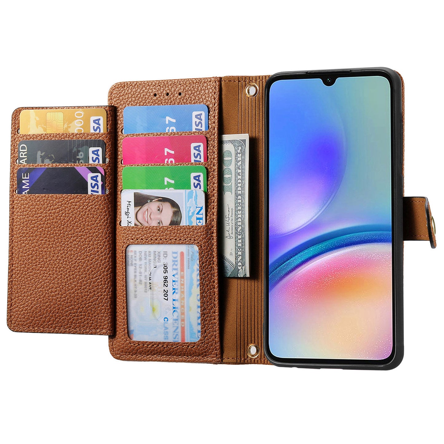 For Samsung Galaxy A06 Case RFID Blocking Zipper Pocket Leather Wallet Phone Cover - Brown