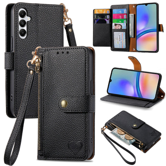 For Samsung Galaxy A06 Case RFID Blocking Zipper Pocket Leather Wallet Phone Cover - Black