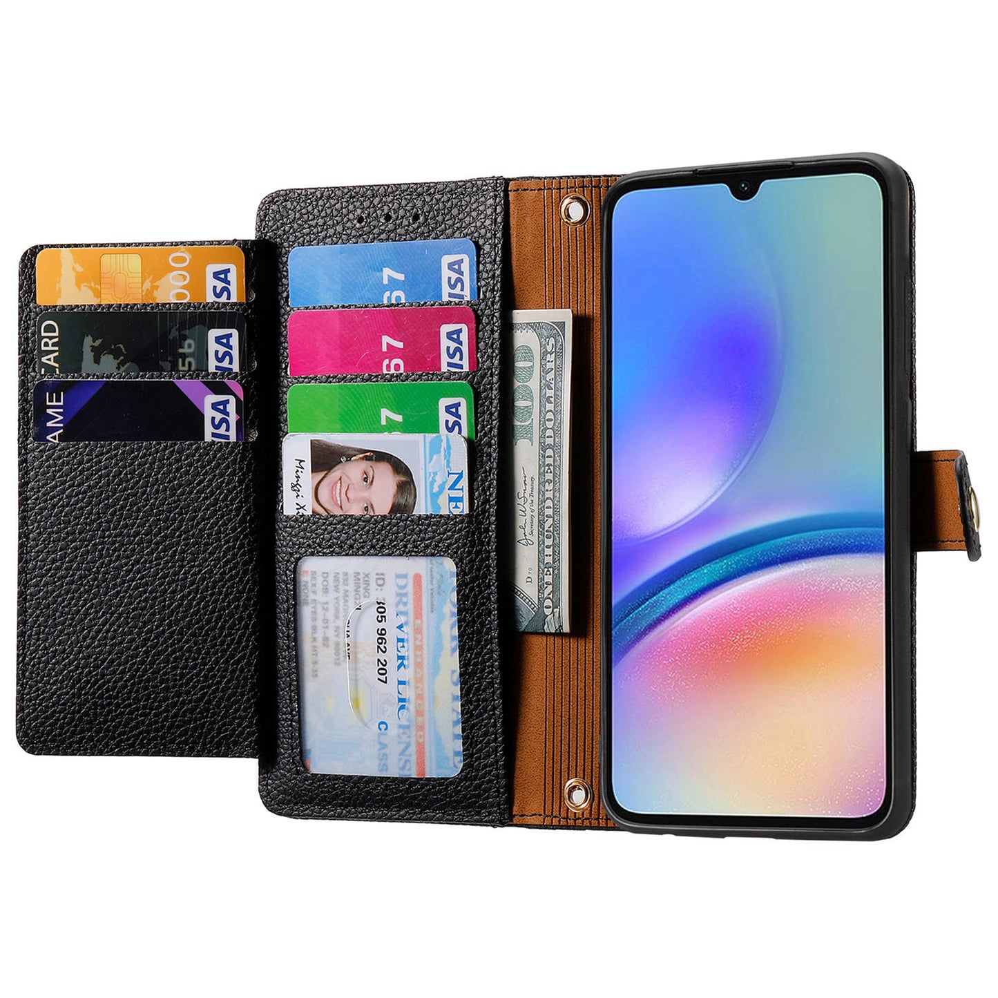 For Samsung Galaxy A06 Case RFID Blocking Zipper Pocket Leather Wallet Phone Cover - Black