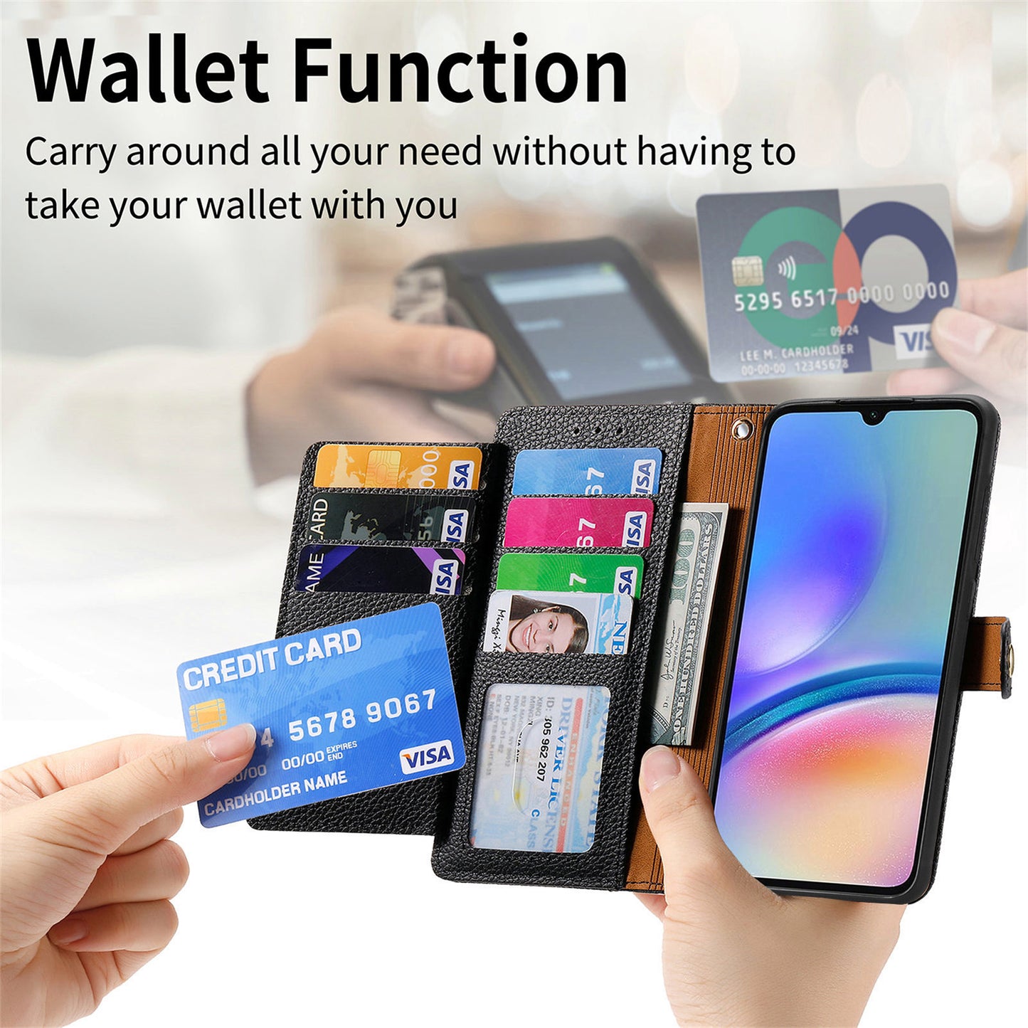 For Samsung Galaxy A06 Case RFID Blocking Zipper Pocket Leather Wallet Phone Cover - Black