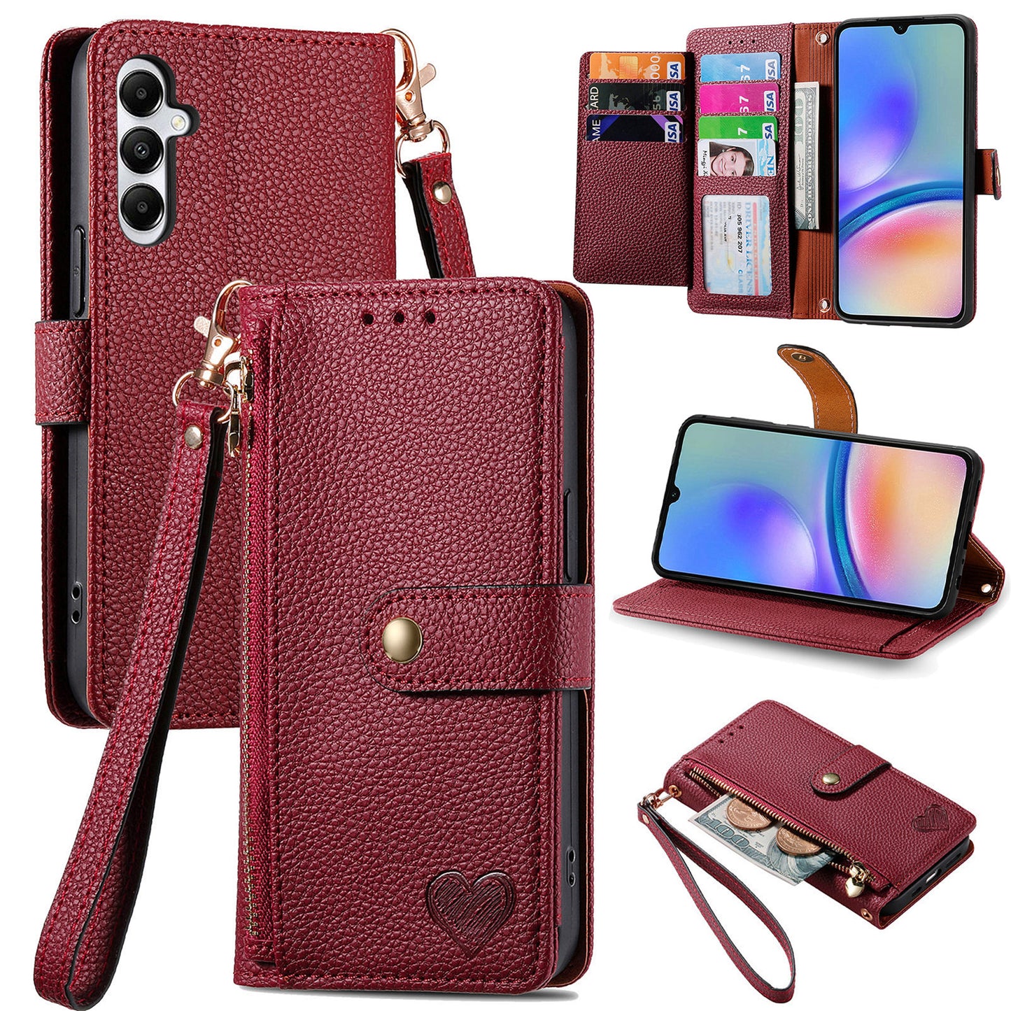 For Samsung Galaxy A06 Case RFID Blocking Zipper Pocket Leather Wallet Phone Cover - Red