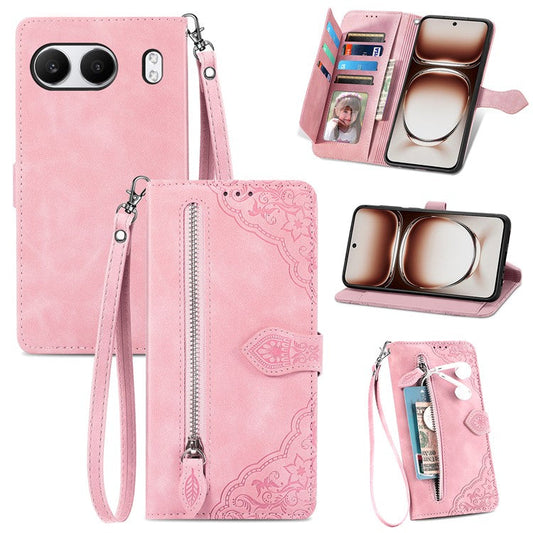 For OnePlus Nord 4 Case Zipper Wallet PU Leather Flower Imprint Phone Cover - Pink