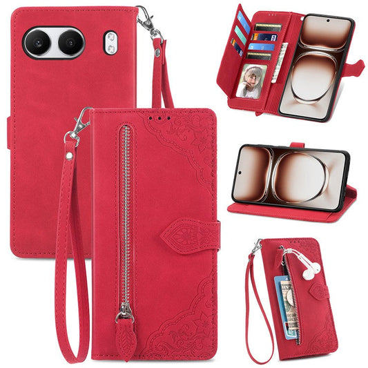 For OnePlus Nord 4 Case Zipper Wallet PU Leather Flower Imprint Phone Cover - Red