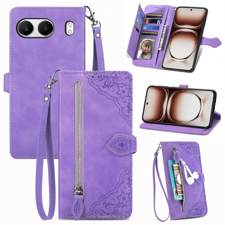 For OnePlus Nord 4 Case Zipper Wallet PU Leather Flower Imprint Phone Cover - Light Purple