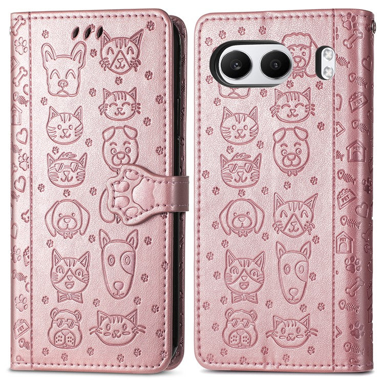 For OnePlus Nord 4 Case Leather Wallet Flip Phone Cover Cute Cat Dog Pattern - Rose Gold
