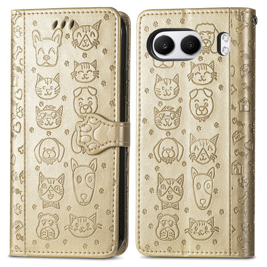 For OnePlus Nord 4 Case Leather Wallet Flip Phone Cover Cute Cat Dog Pattern - Gold