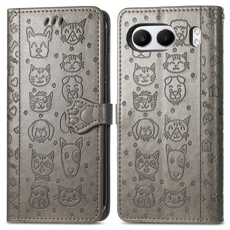 For OnePlus Nord 4 Case Leather Wallet Flip Phone Cover Cute Cat Dog Pattern - Grey