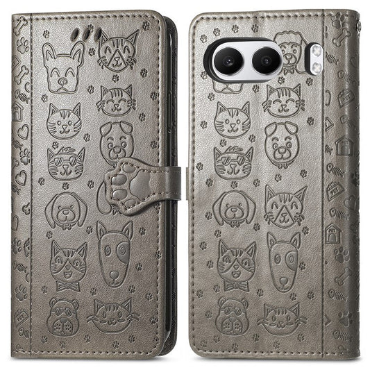 For OnePlus Nord 4 Case Leather Wallet Flip Phone Cover Cute Cat Dog Pattern - Grey