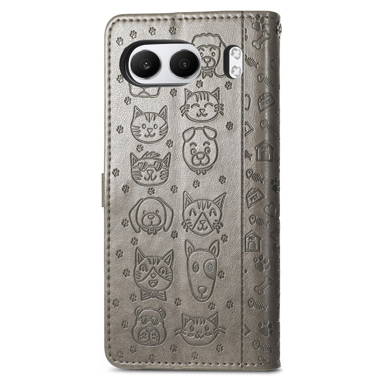 For OnePlus Nord 4 Case Leather Wallet Flip Phone Cover Cute Cat Dog Pattern - Grey