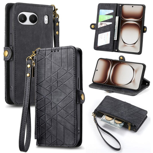 For OnePlus Nord 4 Case Zipper Wallet Geometry Lines Leather Phone Cover - Black