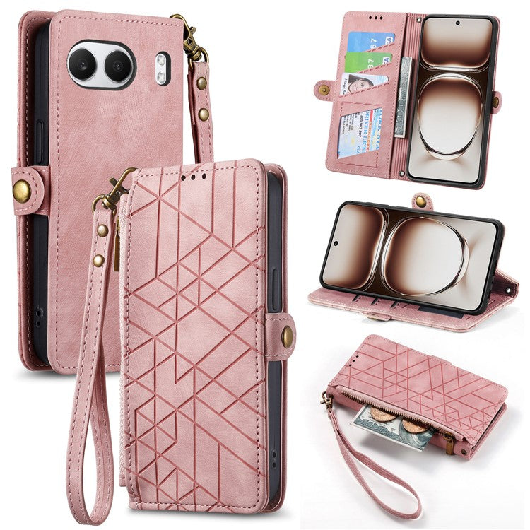 For OnePlus Nord 4 Case Zipper Wallet Geometry Lines Leather Phone Cover - Pink