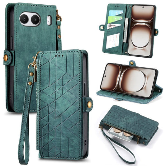 For OnePlus Nord 4 Case Zipper Wallet Geometry Lines Leather Phone Cover - Green