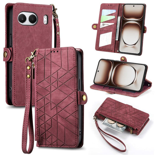 For OnePlus Nord 4 Case Zipper Wallet Geometry Lines Leather Phone Cover - Red