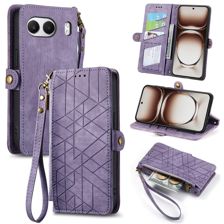 For OnePlus Nord 4 Case Zipper Wallet Geometry Lines Leather Phone Cover - Light Purple