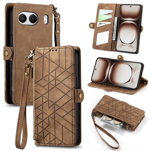 For OnePlus Nord 4 Case Zipper Wallet Geometry Lines Leather Phone Cover - Brown