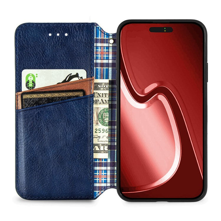 For iPhone 16 Pro Case Rhombus Imprint PU Leather Wallet Phone Cover - Blue