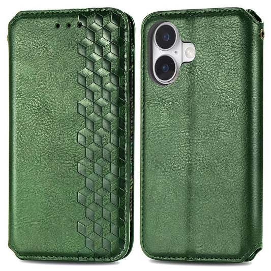 For iPhone 16 Plus Case Rhombus Imprint PU Leather Wallet Phone Cover - Green
