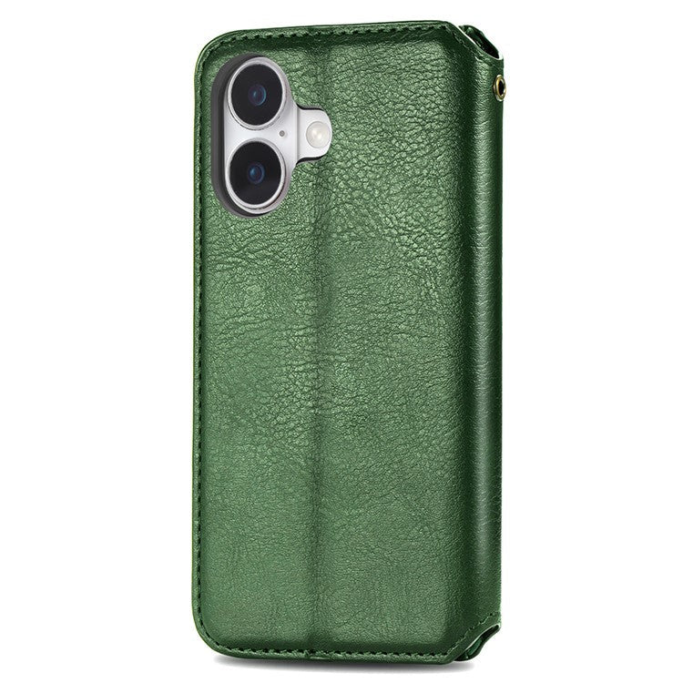 For iPhone 16 Plus Case Rhombus Imprint PU Leather Wallet Phone Cover - Green