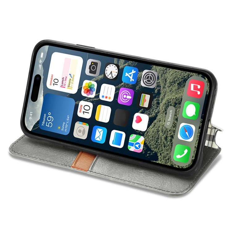 For iPhone 16 Case Rhombus Imprint PU Leather Wallet Phone Cover - Grey