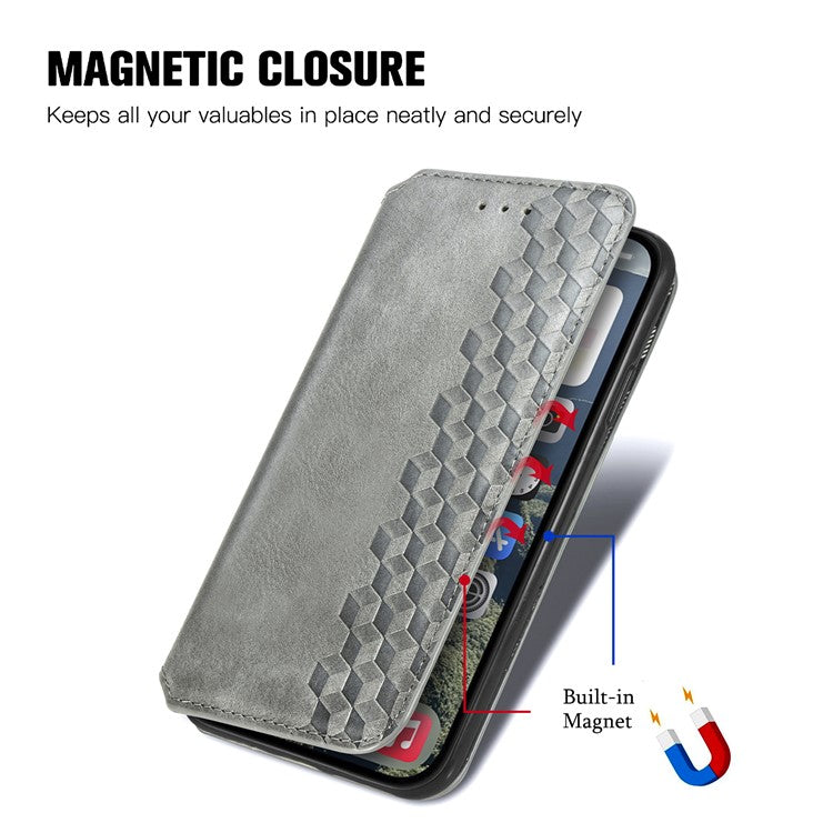 For iPhone 16 Case Rhombus Imprint PU Leather Wallet Phone Cover - Grey
