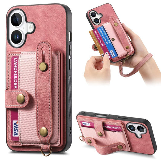 For iPhone 16 Plus Case Wristband Kickstand PU Leather Retro Back Cover Card Holder - Pink