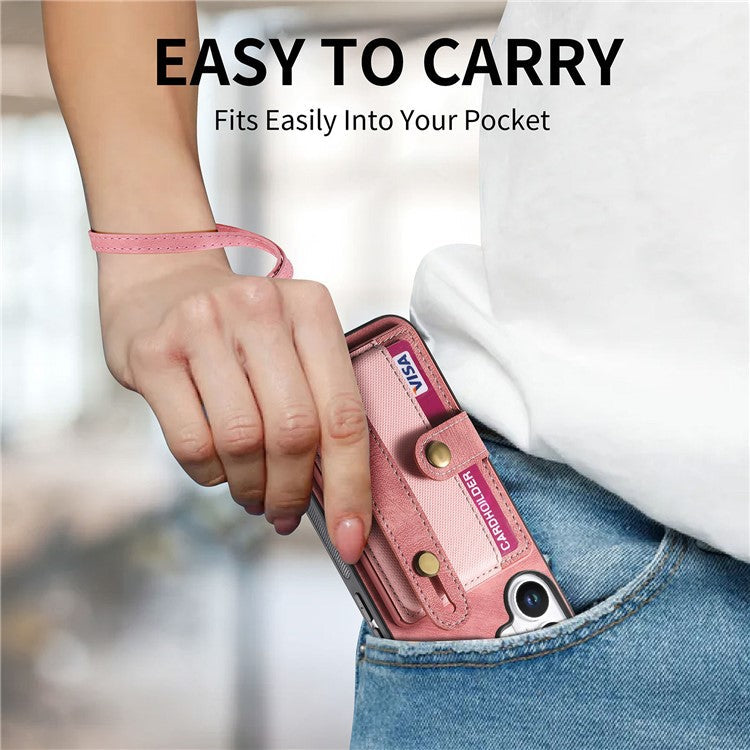 For iPhone 16 Plus Case Wristband Kickstand PU Leather Retro Back Cover Card Holder - Pink