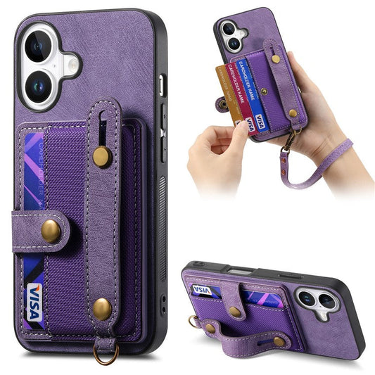 For iPhone 16 Plus Case Wristband Kickstand PU Leather Retro Back Cover Card Holder - Purple