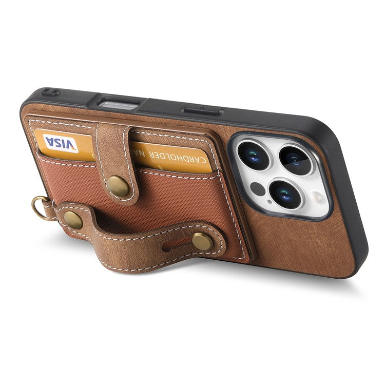 For iPhone 16 Pro Case Wristband Kickstand PU Leather Retro Back Cover Card Holder - Brown