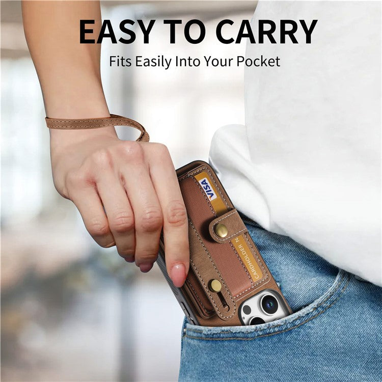 For iPhone 16 Pro Case Wristband Kickstand PU Leather Retro Back Cover Card Holder - Brown