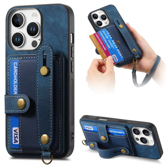 For iPhone 16 Pro Case Wristband Kickstand PU Leather Retro Back Cover Card Holder - Blue